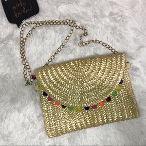 Woman’s Straw Crossbody Purse Rainbow Pom Poms Gold Chain Clutch
